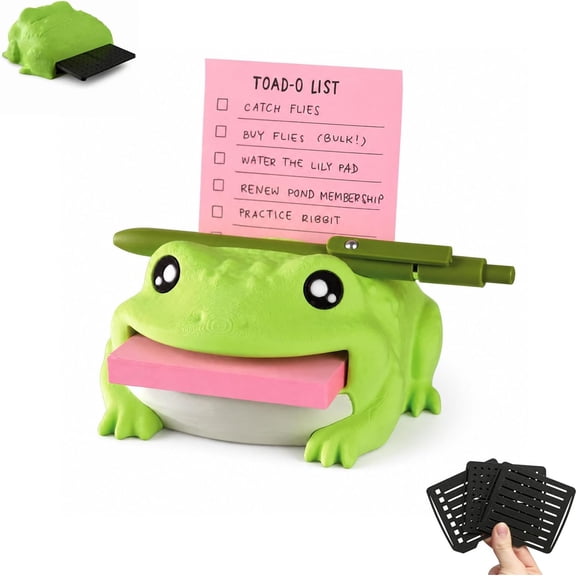 MUTRAIN Frog Sticky Note Holder, Cute 3D Printed Toad Desk Organizer with Pen Rest and Stencils, Frog Post It Note Dispenser for Office Desk, Green