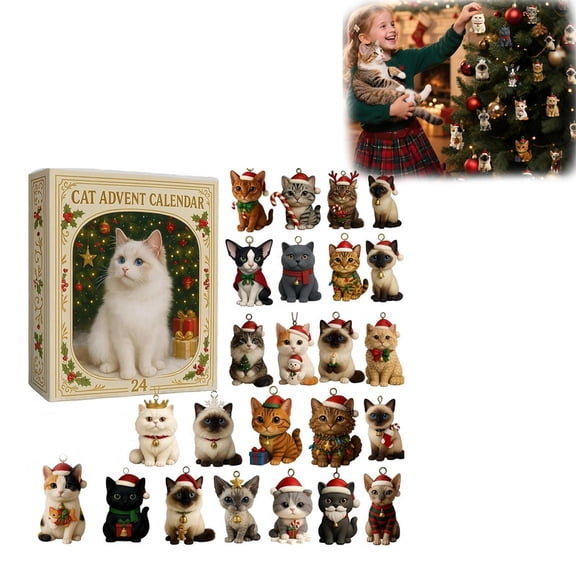 MUTRAIN Kitty Advent Calendar, 2D Acrylic Cat Figures Multicolor, Hanging Holiday Decor, for Feline Lovers, Mantel Tree Display