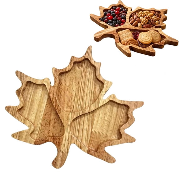 MUTRAIN Maple Leaf Serving Tray, Three Brown Wooden Sections, Divided Charcuterie Platter, for Hosting, Halloween Thanksgiving Table