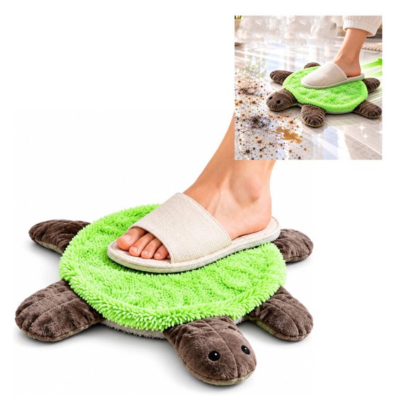 MUTRAIN Turtle Foot Mop, Green Plush Reusable Two-Sided Floor Cleaning Pad, No-Hands Foot Duster, for Household Mopping, Wood Tile Vinyl Surface