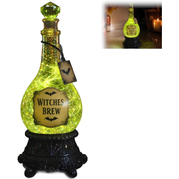 MUTRAIN Witches Brew Glitter Globe, Swirling Green Resin LED Potion Bottle, Spooky Apothecary Lamp, for Gothic Fans, Halloween Mantel Shelf