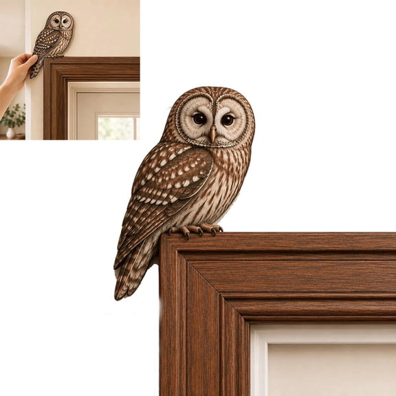 MUTRAIN Wooden Owl Door Topper, Handcrafted Wood Bird Corner Statue, Rustic Owl Door Frame Decor for Nature Lovers, Home Wall Window Gift