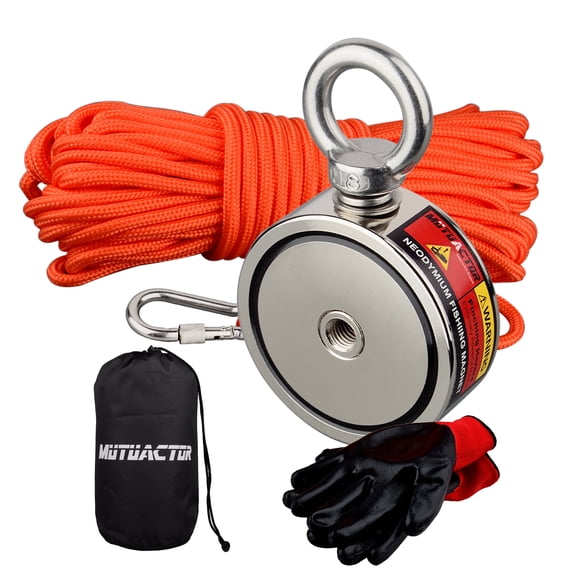 MUTUACTOR Double-Sided Fishing Magnet Kit,Combined 700lbs Fishing Magnets Heavy Duty,Dia.2.36''Permanent Neodymium Rare Earth Magnet with 65Ft Salvage Rope Sturdy Gloves Bag for Recovery Treasures