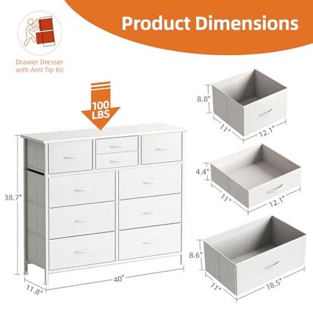 MUTUN 10 Drawer Dresser for Bedroom, Fabric Storage Dresser with Side Pockets, Sturdy Metal Frame, Drawers Organizer Unit for Bedroom, Hallway, Closets, White