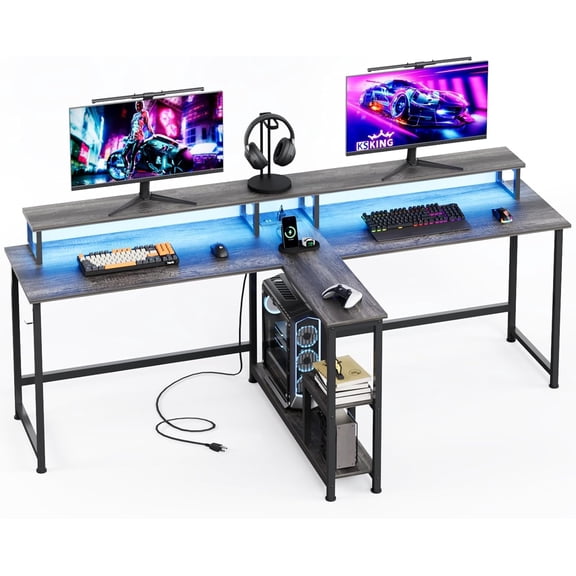 MUTUN Two Person Desk with LED Light, 83.7 Inch Computer Office Double Desk with Monitor Stand and Power Outlets, Rustic Writing Table Workstation with Shelves, Long Desks for Home Office, Grey