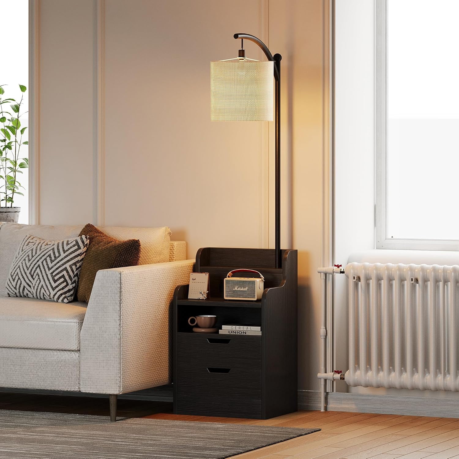 MUTUN Wood Nightstand with 2 Drawers and Charging Station, Floor Lamp ...