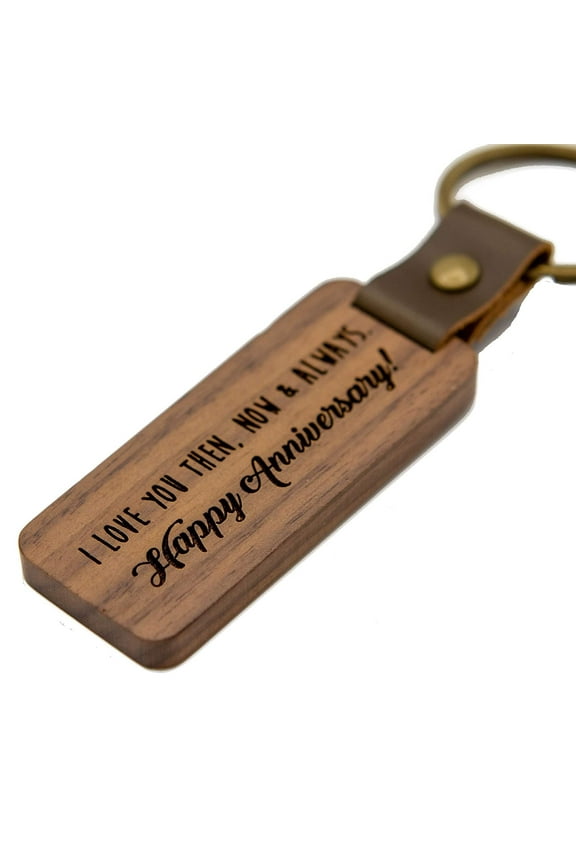 Happy Anniversary Engraved Wooden Keychain - Home Car Office Key Chain, 5th Year Wedding Anniversary Traditional Gift Wood (Happy Anniversary)