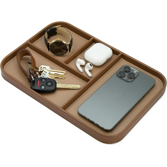 MUUJEE Leather Catchall Multitray (Design 1) - 11.65 x 7.75 x 0.8, Everyday Watch and Wallet Caddy Organizer with 4 Compartments, Accessory Glasses Phone Valet Dump Tray for Bedside Nightstand, Tan