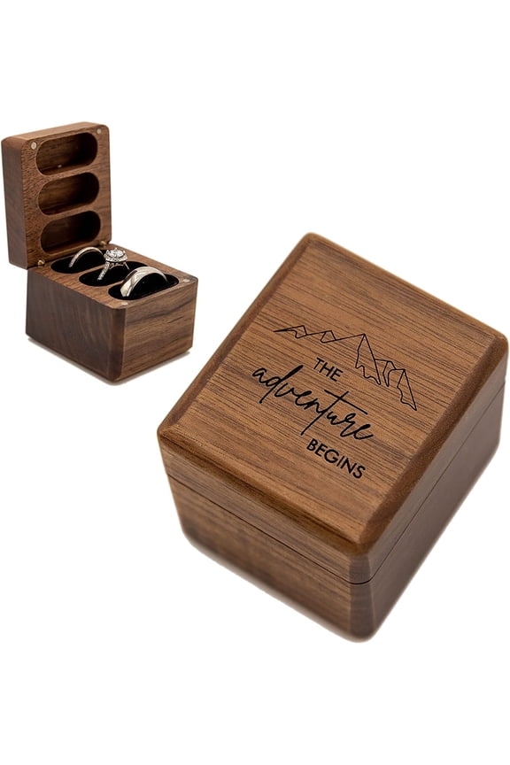 The Adventure Begins Engraved Wood Ring Box for 3 Rings - Triple Wooden Ring Holder for Engagement Wedding Ceremony Ring Bearer Box