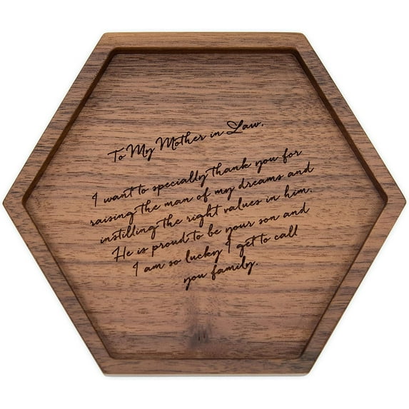 MUUJEE to My Mother in Law Ring Dish - Engraved Hexagon Wood Tray Small Jewelry Dish Mother of The Groom Gift for Wedding Day Ceremony 5.5" x 5"