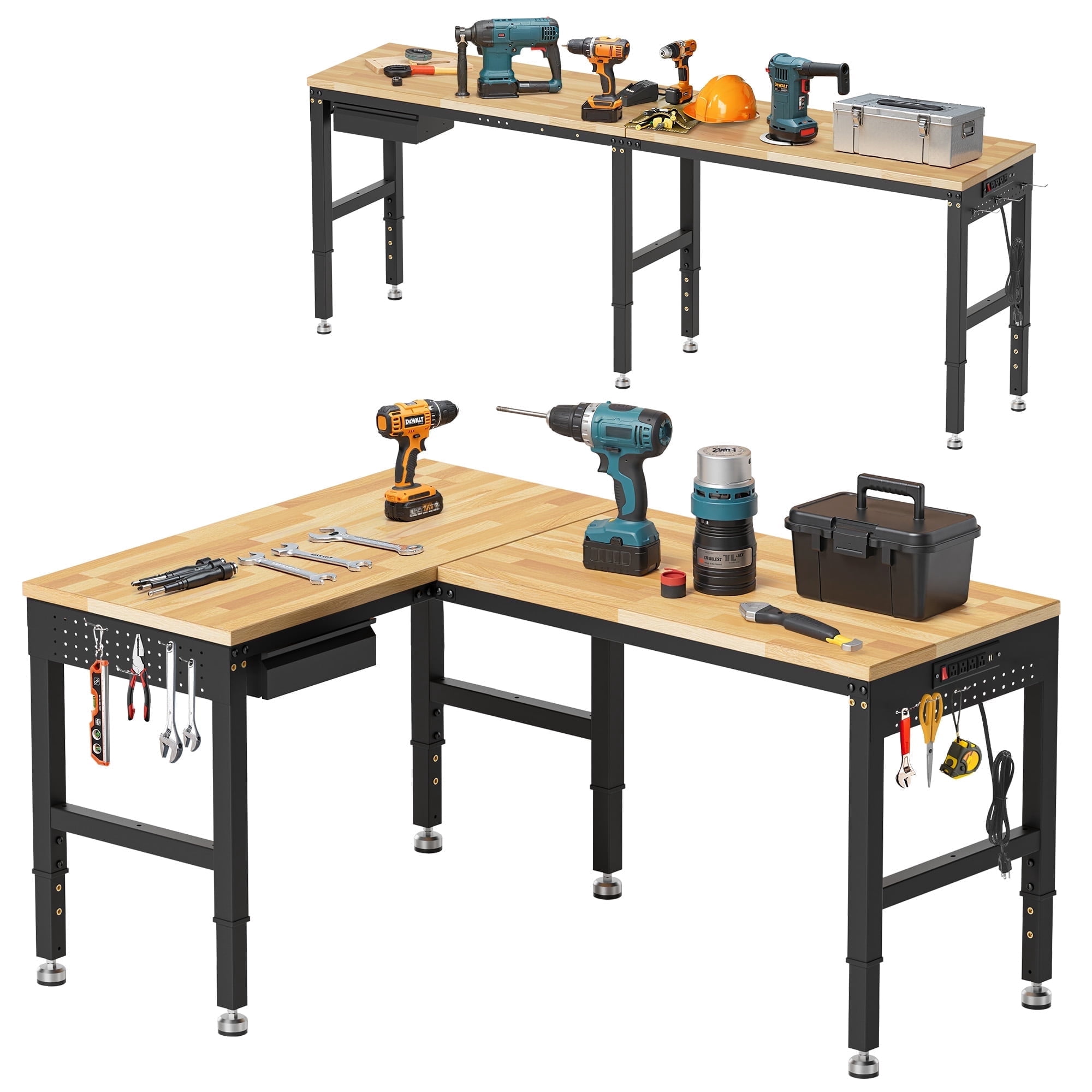MUWOOD, 96-inch Heavy-Duty L-Shaped Workbench, Adjustable Height