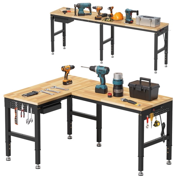 MUWOOD 96-inch L-Shaped Heavy-Duty Workbench with Adjustable Height, Wood Worktop, 5000 LBS Load Capacity for Garage, Workshop