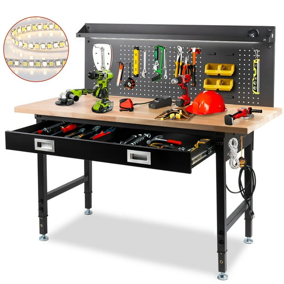 MUWOOD Multifunctional Workbench 60x22" with Pegboard Worktable w/ Power Outlets, LED, Work Bench For Garage max. 1500W Heavy Duty Workbench 2000lbs Weight Capacity