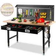 MUWOOD Multifunctional Workbench 60x22 with Pegboard Worktable w/ Power Outlets, LED, Work Bench For Garage max. 1500W Heavy Duty Workbench 2000lbs Weight Capacity