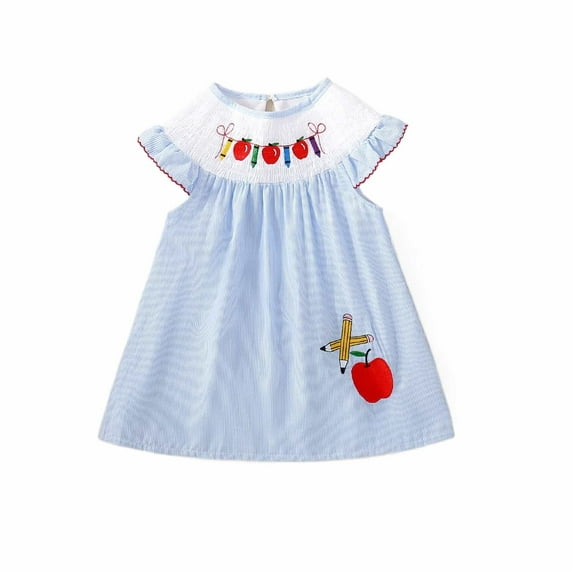 MUXiin 1-5Y Toddler Baby Girl First Day of The School Dress Smocked Apple Pencil Embroidery Stripe Dresses Kindergarten Clothes