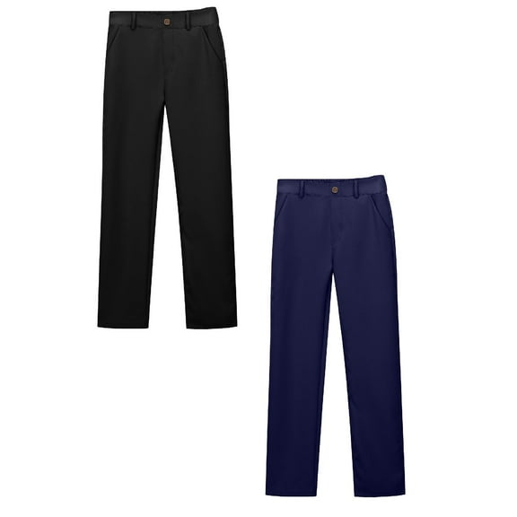 MUXiin 2 Pack Girls School Uniform Twill Khaki Pants, Flat Front & Elasticized Waistband, Zipper Closure With Faux Button,13-14 Years,Navy 1PCS & Black 1PCS
