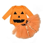 MUXiin 2Pcs Halloween Toddler Baby Girl Smile Pumpkin Tops+Tutu Tulle Skirt Outfits Long Sleeve Clothes for 12-24 Months