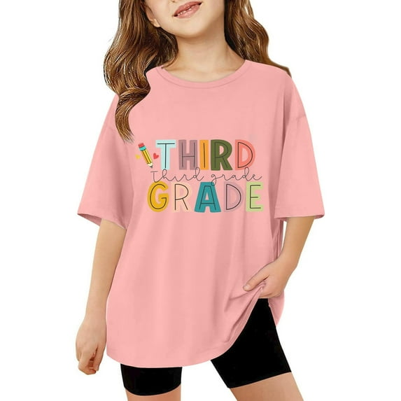 MUXiin 3Rd Grade Shirt For Girls First Day of Third Grade Shirt Kids Back to School Boys Girls Shirts Cute Letter Vibes Graphic Tee Short Sleeve Tops,9-10 Years,Pink