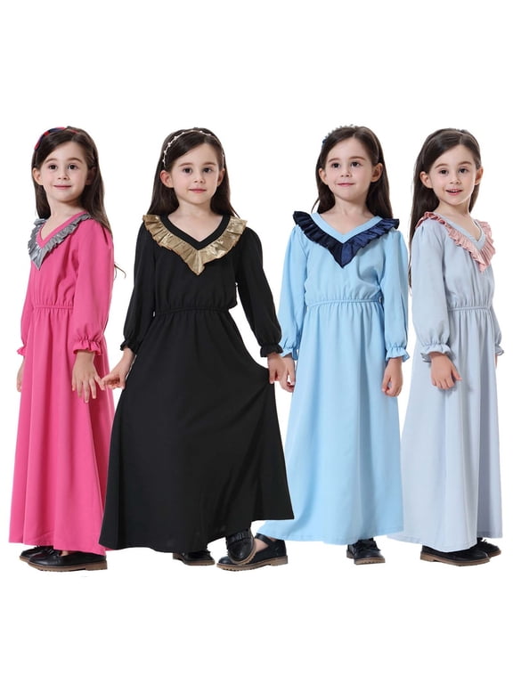 Arabic Thobe For Muslim Girls Dresses Robes Long Sleeve Ruffle Kaftan Solid Color Dubai Clothing for 12-13 Years
