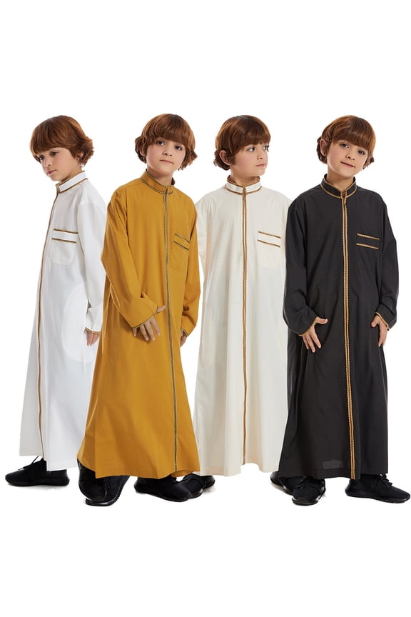 Arabic Thobe Muslim Thobe Long Sleeve Kaftan Crew Collar Robe with Zipper for Boy Solid Color/Embroidery/Stripe Print for 9-10 Years