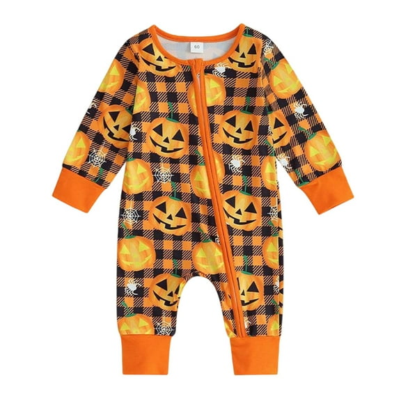MUXiin Baby Boys Romper Jumpsuit Long Sleeve Pumpkin Print Zip Up Outfit Soft Comfortable Playwear For Toddler 0-18 Months,Orange,12-18 Months