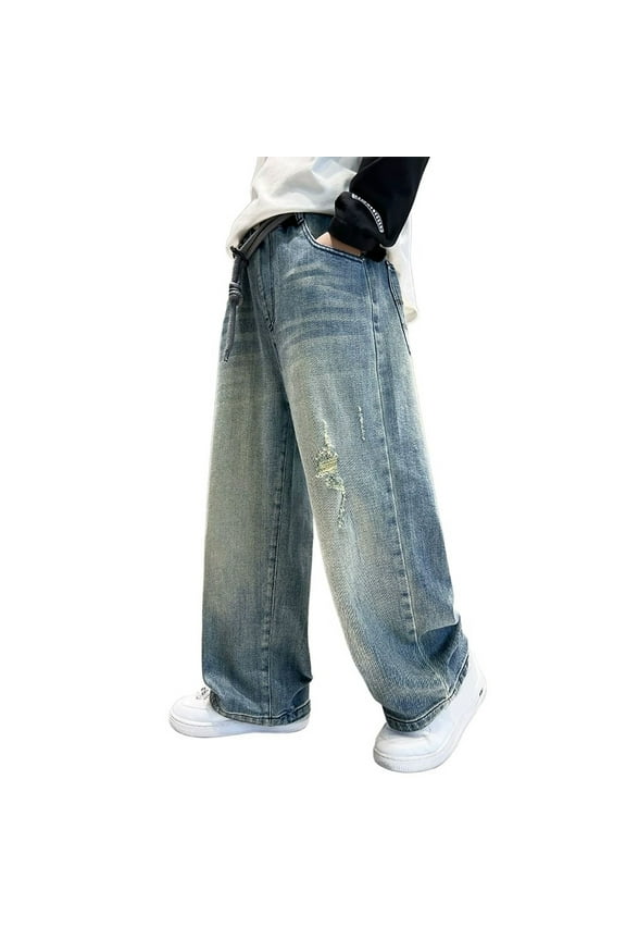 Baggy Jeans Men Loose Straight Leg Cute Star Baggy Denim Pants Elastic Waist Cotton Pull on Denim Pants Snug Fit Trousers Streetwear with Pockets