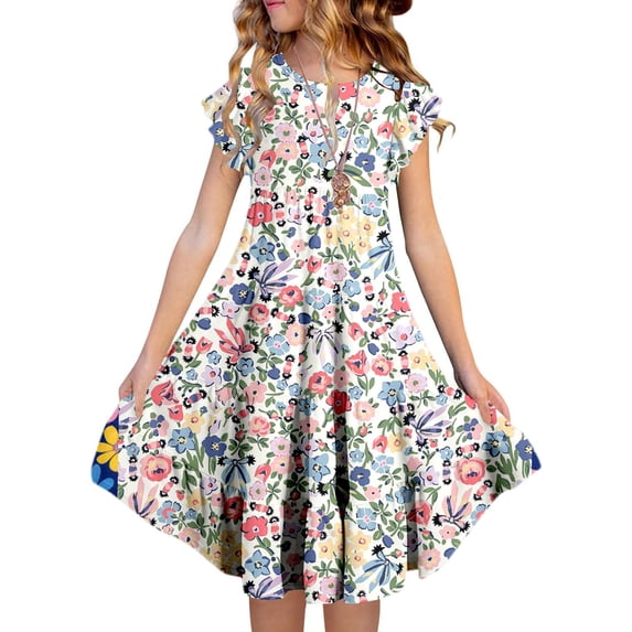 MUXiin Big Girls Dresses Cartoon Printed Flutter Ruffled A-Line Midi Dress Loose Toddler Baby Girl Summer Clothes