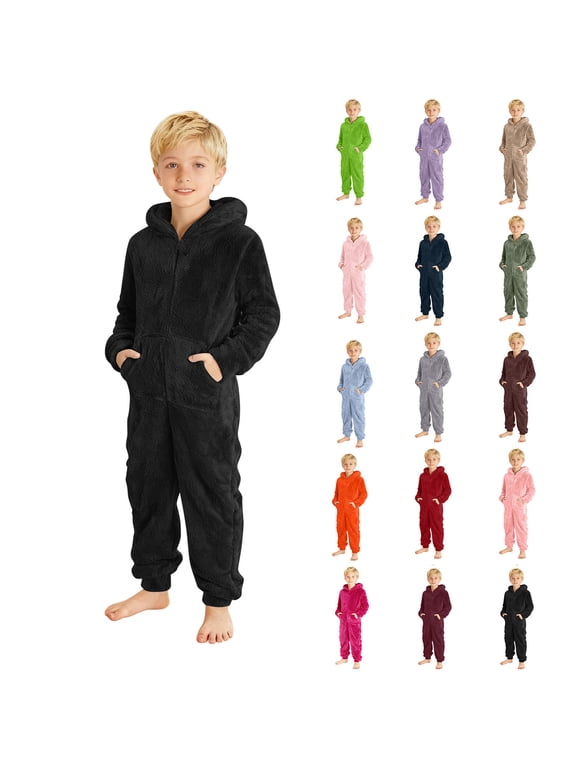 Boys Hooded Onesie Pajamas Kids Long Sleeve Zip-Front One Piece Sleepwear