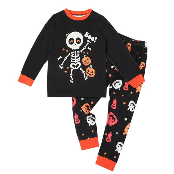 MUXiin Boys Halloween Pajama Set Pumpkin Skeleton Print Top and Pants Comfortable Kids Sleepwear for Festive Nights and Cozy Outfits Black 5-6 Years