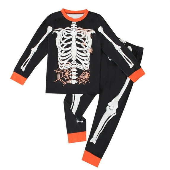 MUXiin Boys Halloween Pajama Set Pumpkin Skeleton Print Top and Pants Comfortable Kids Sleepwear for Festive Nights and Cozy Outfits Black 7-8 Years