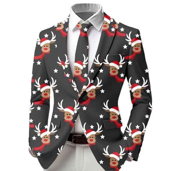 MUXiin Boys Jacket Christmas Suit for Boy Christmas Snowflake Print Blazer, Festive Casual Suit for Holiday Party,Black,13-14 Years