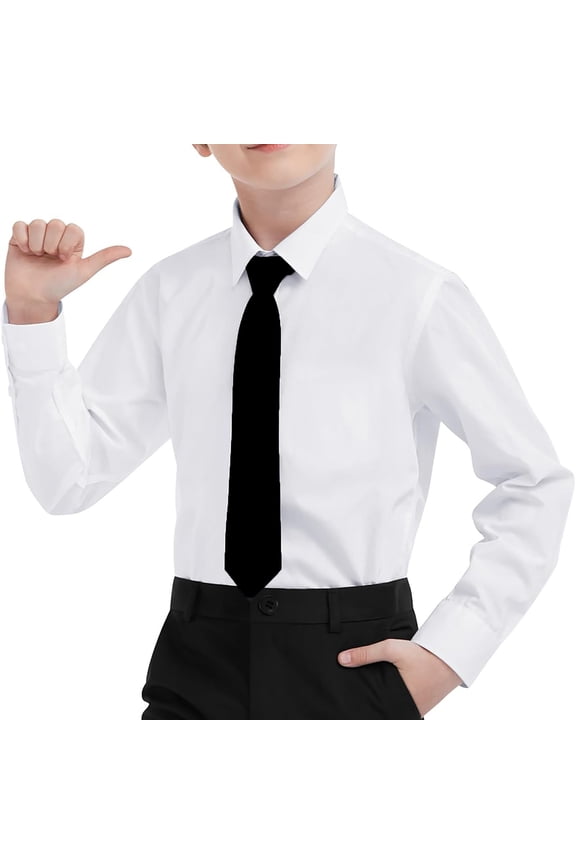 Boys White Dress Shirt Long Sleeve Button-Down Dress Shirts with Tie Solid Stretch -Free Shirt Kids Casual Button Down Shirts School Uniform