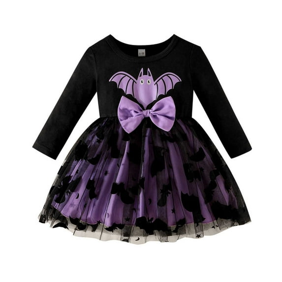 MUXiin Cute Bat Print Girls Party Dress Halloween Outfit Soft Skirt Casual Playwear Comfortable Elastic Waist Toddler Baby Fall Winter Halloween Dresses Girls for 9-12 Months