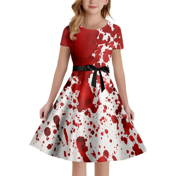 MUXiin Dresses For Girls 7-8 Girls Halloween Party Dress With Stains Print Lace Up Short Sleeve A Line Clothing For Kids Age 5 14 For Dance Festive Occasions,A-White