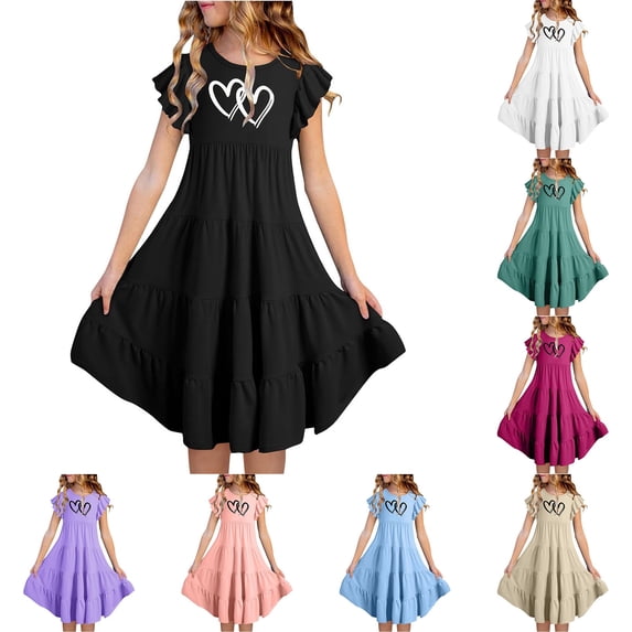 MUXiin Dresses for Girls Size 6 Cute Print Flutter Ruffled A-Line Girls Easter Dress Light Up Toddler Baby Girl Summer Clothes