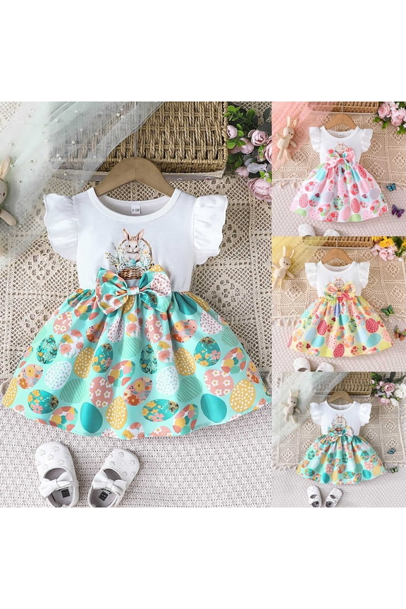 Easter Bunny Print Girls Summer Dress With Flutter Sleeves And Allover Floral Pattern For Toddler Baby,Yellow,18-24 Months