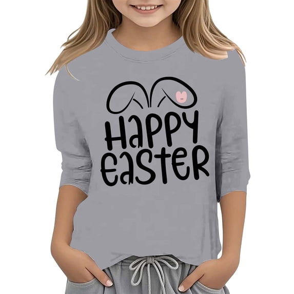 MUXiin Easter Gifts for Kids 2026 Easter Shirts for Girl Funny Bunny Egg Graphic Tees Cute Festival Outfits 3/4 Sleeve Tops