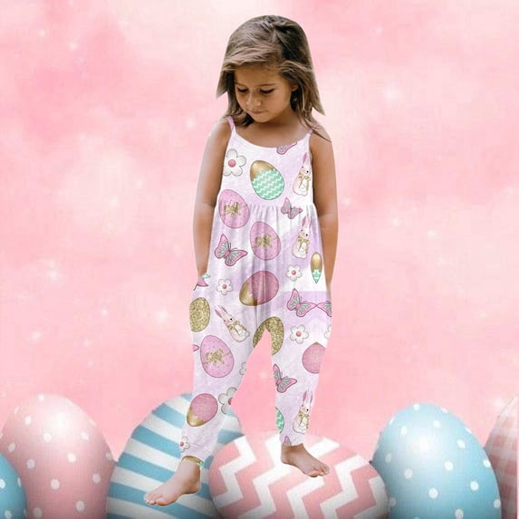 MUXiin Easter Outfit Toddler Girl 5T Children's Easter Print Girls' Sleeveless Jumpsuit Romper Harem Pants Outfit Easter Gifts for Kids