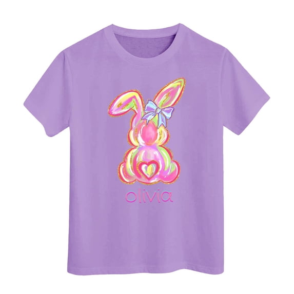 MUXiin Easter Shirts for Girls Bunny Eggs Short Sleeve T-Shirt Comfy Happy Easter Preppy Tops Summer Clothes for Girls Easter Gifts for Kids(Light Purple,4-5 Years)