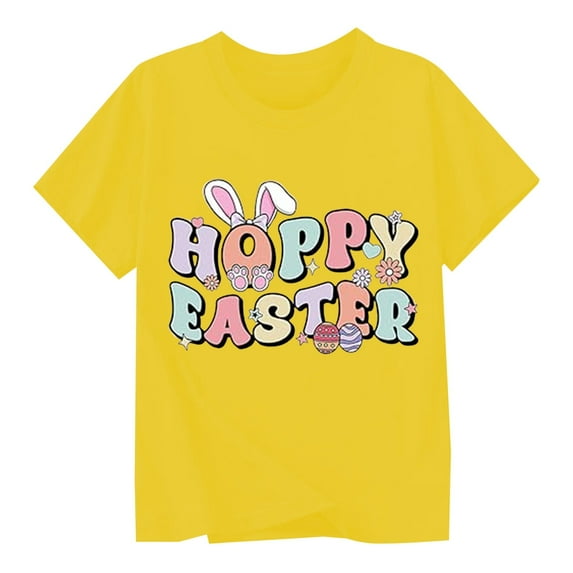 MUXiin Easter Shirts for Girls Size 6 Rabbit Tops Egg Short Sleeve T Shirt Top Cute Easter's Day Blouse Tops Clothes for Girls Easter Gifts for Girls(Yellow,4-5 Years)