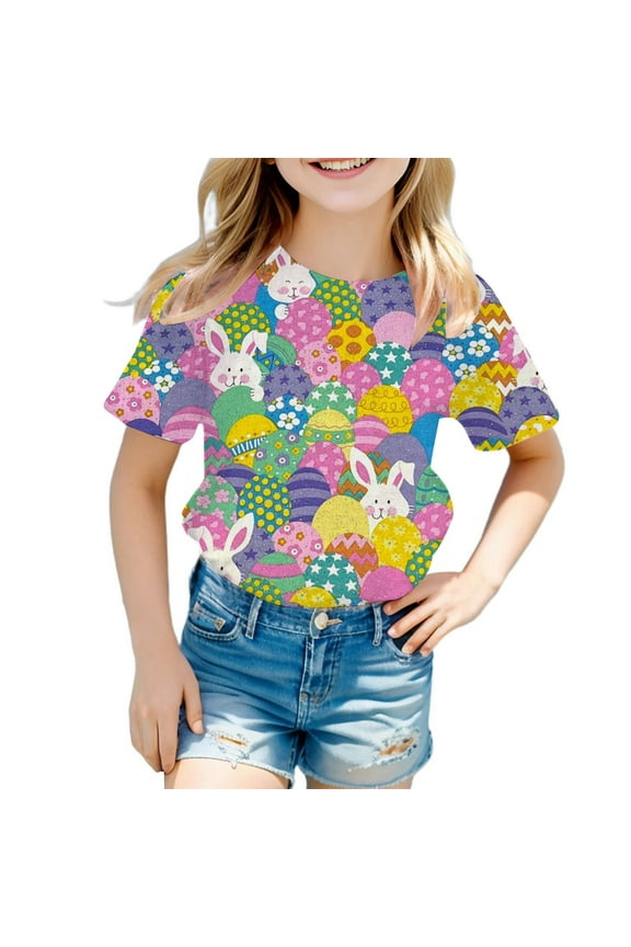Easter Shirts for Teen Girls Bunny Short Sleeve T-Shirt Soft Easter's Day Funny Tees T Shirts for Boys and Girls Easter Gifts for Girls(Navy,6-7 Years)