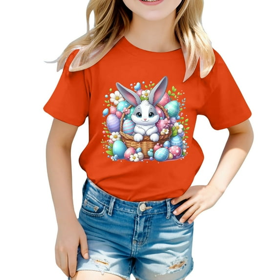 MUXiin Easter Shirts for Toddler Girls Bunny Eggs Short Sleeve T-Shirt Soft Happy Easter Funny Tees T Shirt for Boys and Girls Easter Gifts for Boys(Orange,160)