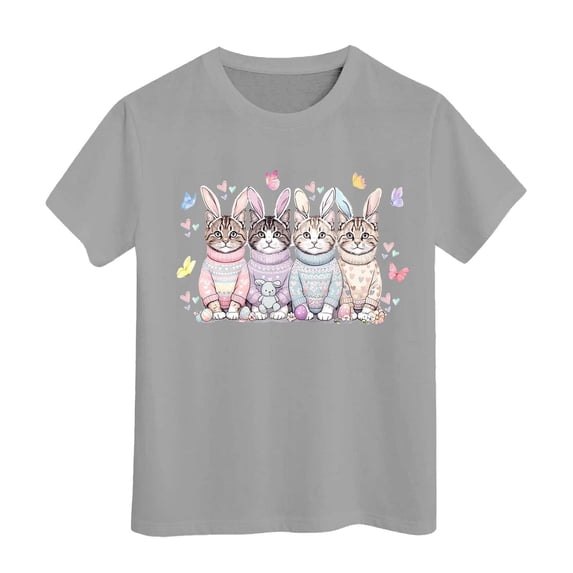 MUXiin Easter T Shirts for Toddler Girls Cartoon Bunny Short Sleeve T Shirts Loose Happy Easter Summer Tops T-Shirt Boys & Girls Shirts Easter Gifts for Boys(Grey,6-7 Years)