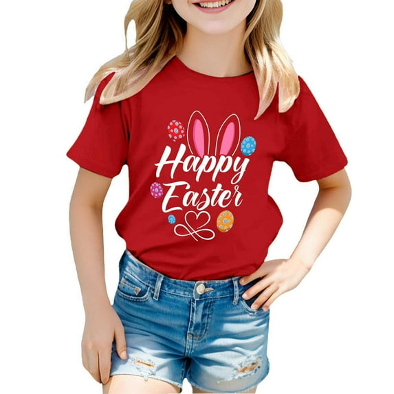 MUXiin Easter T Shirts for Toddler Girls Rabbit Tops Egg Short Sleeve T Shirts Easter's Day Easter's Day Tee Shirt Clothes for Children Easter Gifts for Girls(Red,8-9 Years)