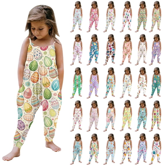 MUXiin Girl Easter Outfit 6T Children's Easter Print Girls' Sleeveless Jumpsuit Romper Harem Pants Outfit Easter Gifts