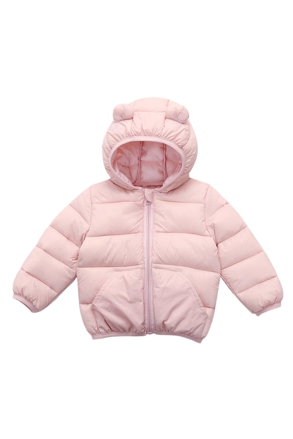 Girl'S Puffer Jacket Simple Solid Color Long Sleeve Hooded Down Jacket Hooded Thickened Warm Loose Fit Zipper Up Windproof Winter Coat Suitable Winter Dailywear (3-4 Years,Pink)