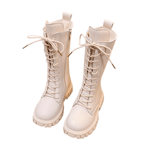 Girl's Mid Calf Combat Boots Lace-up Elastic Platform Boot with Side Zipper