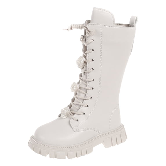 MUXiin Girl's Mid Calf Combat Boots Lace-up Elastic Platform Boot with Side Zipper