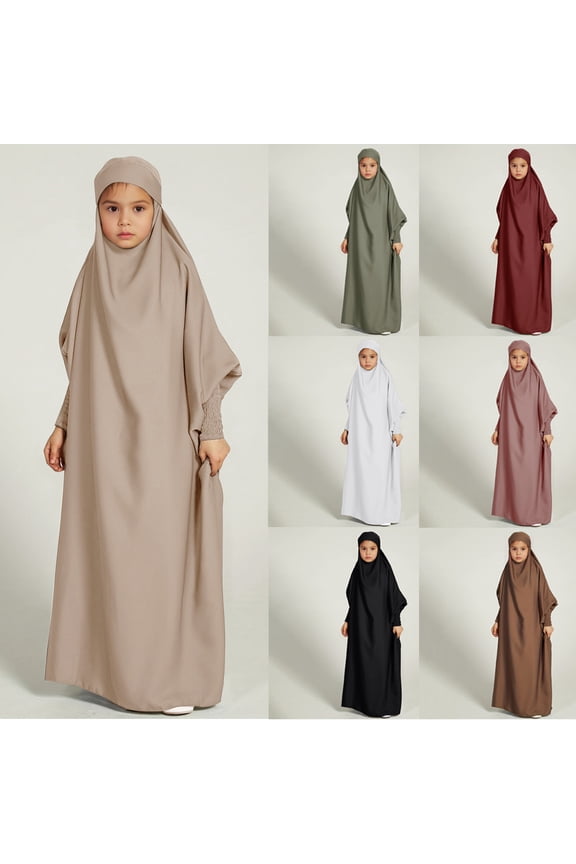 Girls Abayas Full Cover Hijab Dubai Kaftan Prayer Dress Kids Long Sleeve Robe Ramadan Clothing for 7-8 Years