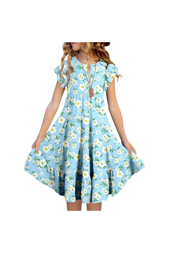 Girls Dresses Size 10-12 Colorful Flutter Ruffled A-Line Midi Dress Outer Wear Loose Sundress Summer Dresses for Girl